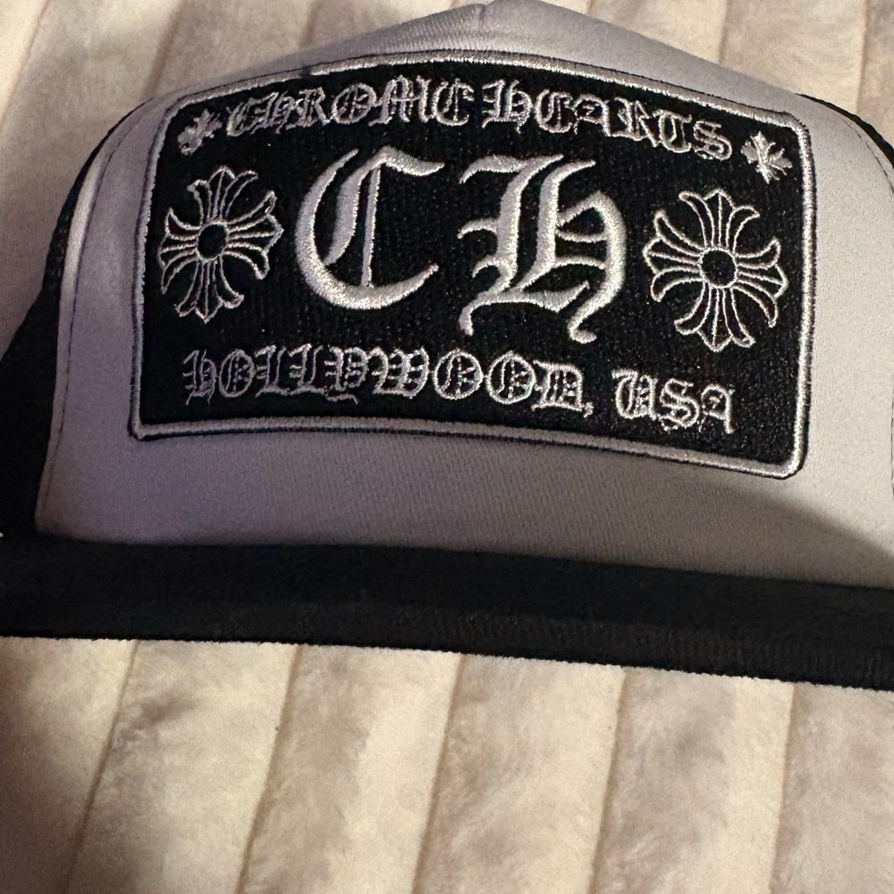 Chrome Hearts Black and White Logo Trucker Cap